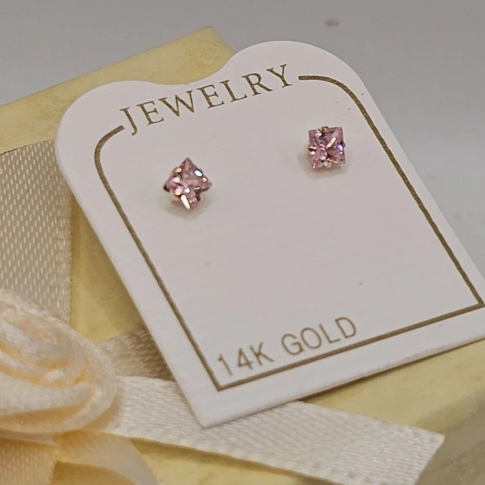 14KT Gold Light Pink Square Screw Back Stud Earrings 3mm